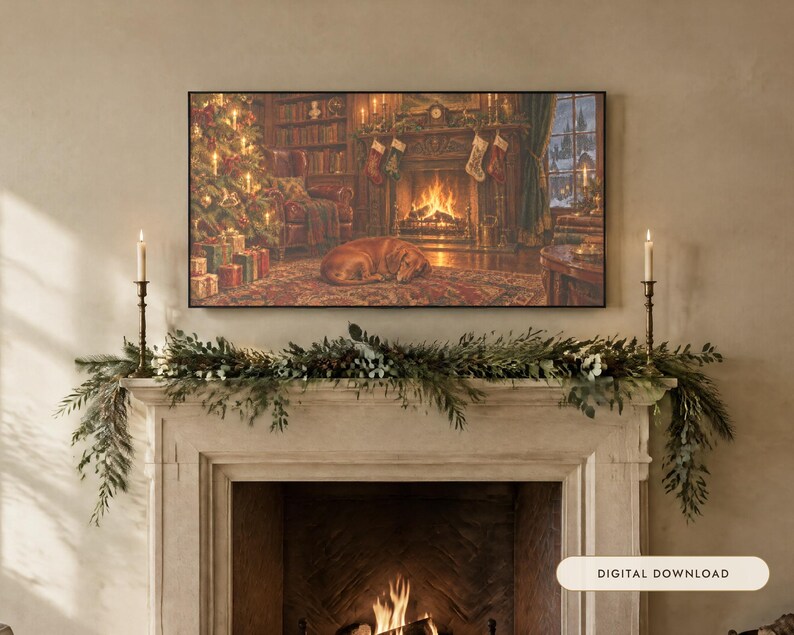 May include: A rectangular wall art print featuring a cozy library scene with a fireplace, a decorated Christmas tree, and a sleeping dog on a rug. The artwork is displayed above a fireplace mantel adorned with a green garland and two candles.