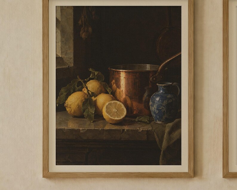 Lemons and Copper Kitchen Print Set of 2 | Still Life Oil Painting and Kitchen Quote | Cottage Kitchen Art | Digital Download image 2