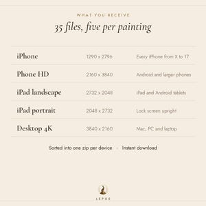 Puede incluir: Una tabla de informaci&oacute;n de archivos digitales titulada WHAT YOU RECEIVE 35 files, five per painting. Enumera categor&iacute;as de dispositivos como iPhone, Phone HD, iPad landscape, iPad portrait y Desktop 4K con sus dimensiones en p&iacute;xeles.