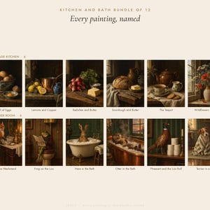 Kitchen and Bath Wall Art Bundle of 12 | Vintage Oil Painting Prints | Bathroom Animals and Kitchen Still Life | Digital Download image 3