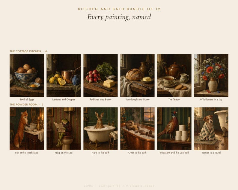 Kitchen and Bath Wall Art Bundle of 12 | Vintage Oil Painting Prints | Bathroom Animals and Kitchen Still Life | Digital Download image 3