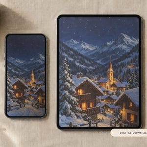 Alpine Village Wallpaper | Oil Painting Winter Phone, iPad and Desktop Background | Alpine Aesthetic | Digital Download image 1