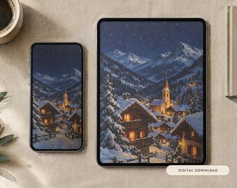 Puede incluir: Un teléfono inteligente y una tableta que muestran una ilustración digital de un pueblo de montaña nevado por la noche con ventanas iluminadas, un campanario y un cielo estrellado. Una pequeña etiqueta rectangular dice Digital Download.
