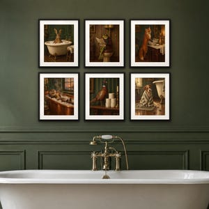 Kitchen and Bath Wall Art Bundle of 12 | Vintage Oil Painting Prints | Bathroom Animals and Kitchen Still Life | Digital Download image 4