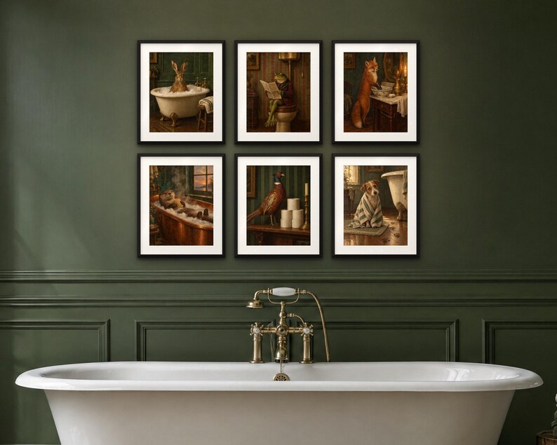 Kitchen and Bath Wall Art Bundle of 12 | Vintage Oil Painting Prints | Bathroom Animals and Kitchen Still Life | Digital Download image 4