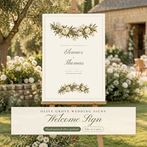 Painted Olive Wedding Seating Chart Template, Welcome Sign, Order of the Day Sign, Editable Canva Wedding Signs Set, Olive Garland image 2