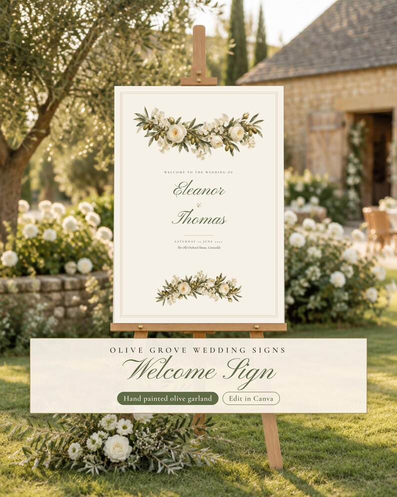 Painted Olive Wedding Seating Chart Template, Welcome Sign, Order of the Day Sign, Editable Canva Wedding Signs Set, Olive Garland image 2