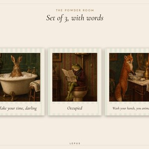 Funny Bathroom Wall Art Set of 3 | Vintage Animal Oil Paintings | Hare, Frog, Fox | Powder Room Prints | Digital Download image 3