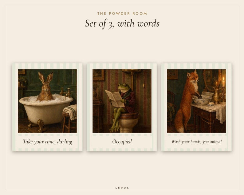 Funny Bathroom Wall Art Set of 3 | Vintage Animal Oil Paintings | Hare, Frog, Fox | Powder Room Prints | Digital Download image 3