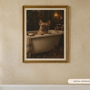 French Bulldog Bathroom Wall Art, Funny Dog Oil Painting Print (Digital Download)