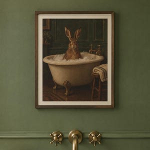 Print van een haas in bad | Grappige muurdecoratie voor de badkamer | Vintage olieverfschilderij met dieren | Neem de tijd, schatje | Digitale download afbeelding 2
