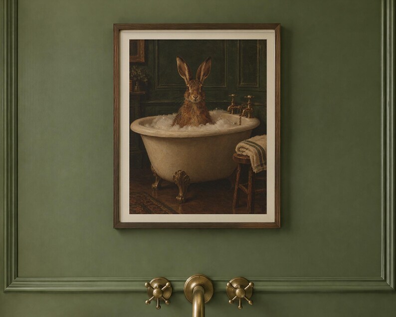 Print van een haas in bad | Grappige muurdecoratie voor de badkamer | Vintage olieverfschilderij met dieren | Neem de tijd, schatje | Digitale download afbeelding 2