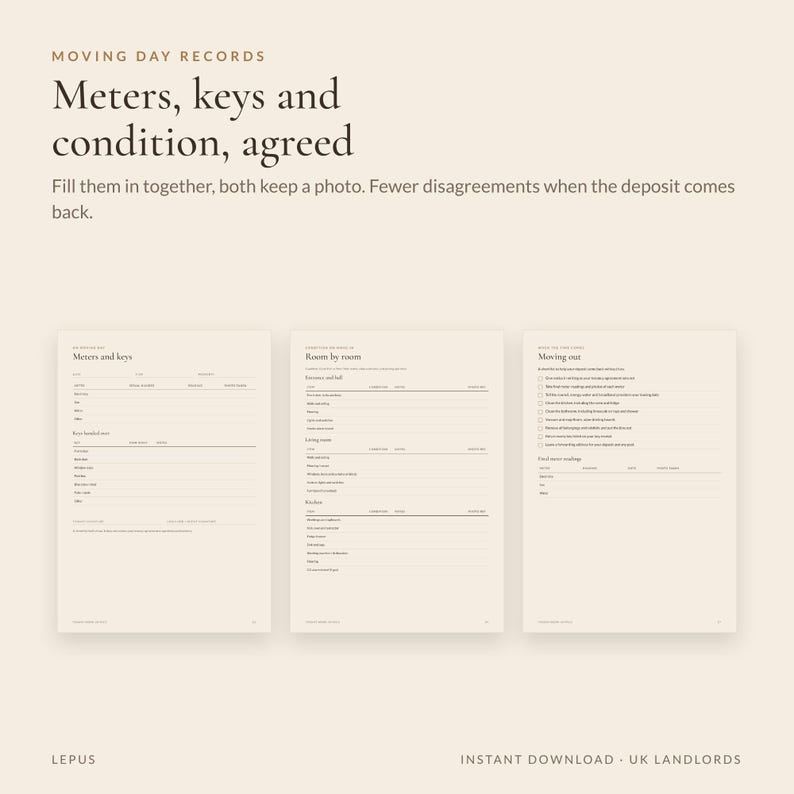 May include: A set of three beige printable documents titled Moving Day Records, Meters, keys and condition, agreed. The pages include sections for recording utility meter readings, key handovers, room-by-room condition checks, and moving out checklists.