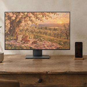May include: A computer monitor displaying a landscape painting of a picnic under a blooming tree at sunset, positioned on a wooden desk with a ceramic mug, a smartphone on a wooden stand, and a notebook nearby.