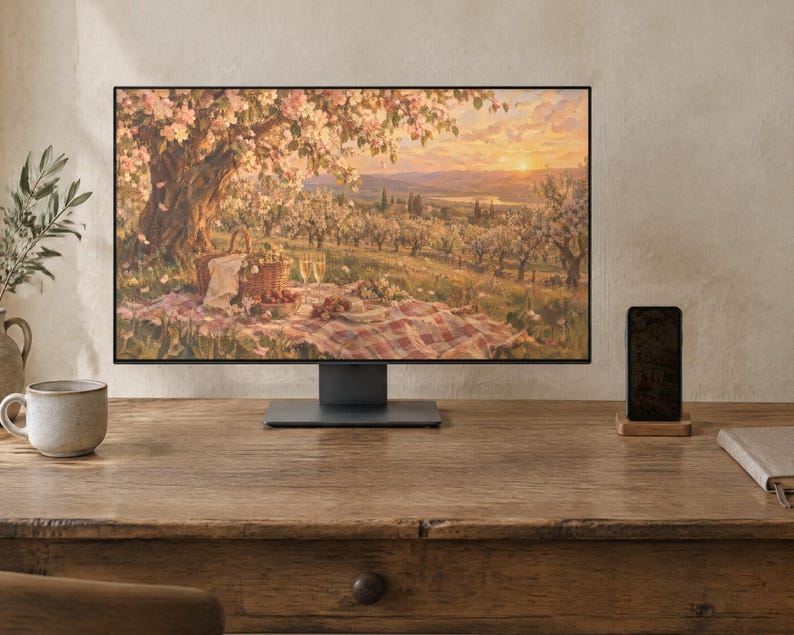 May include: A computer monitor displaying a landscape painting of a picnic under a blooming tree at sunset, positioned on a wooden desk with a ceramic mug, a smartphone on a wooden stand, and a notebook nearby.