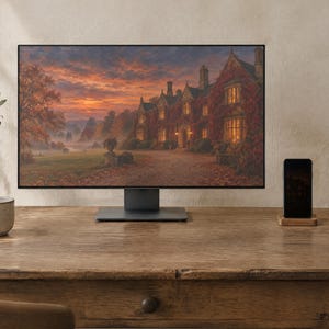May include: A computer monitor displaying a landscape painting of a large manor house at sunset, positioned on a wooden desk next to a ceramic mug, a smartphone on a wooden stand, and a notebook.