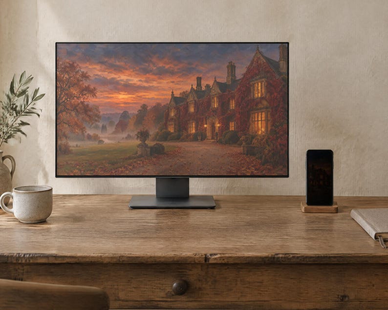May include: A computer monitor displaying a landscape painting of a large manor house at sunset, positioned on a wooden desk next to a ceramic mug, a smartphone on a wooden stand, and a notebook.