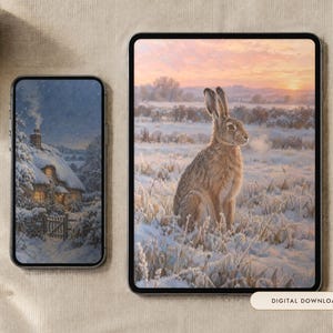May include: A smartphone and a tablet displaying digital art. The phone shows a snow-covered cottage at dusk. The tablet displays a brown hare sitting in a frost-covered field during a pink and orange sunrise. A label reads Digital Download.
