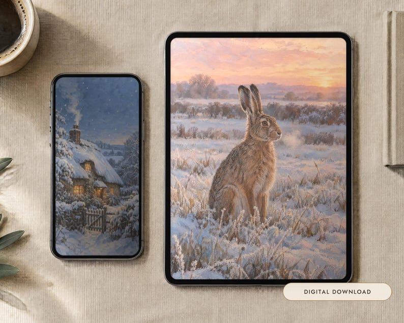 May include: A smartphone and a tablet displaying digital art. The phone shows a snow-covered cottage at dusk. The tablet displays a brown hare sitting in a frost-covered field during a pink and orange sunrise. A label reads Digital Download.