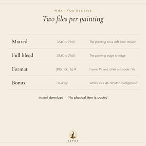 May include: A digital information graphic on a cream background with the text: What you receive, Two files per painting, Matted 3840 x 2160, Full bleed 3840 x 2160, Format JPG, 4K, 16:9, Bonus Desktop, and Lepus logo at the bottom.