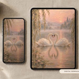 Two Swans Wallpaper | Oil Painting Old Romance Phone, iPad and Desktop Background | Romantic Aesthetic | Digital Download image 1