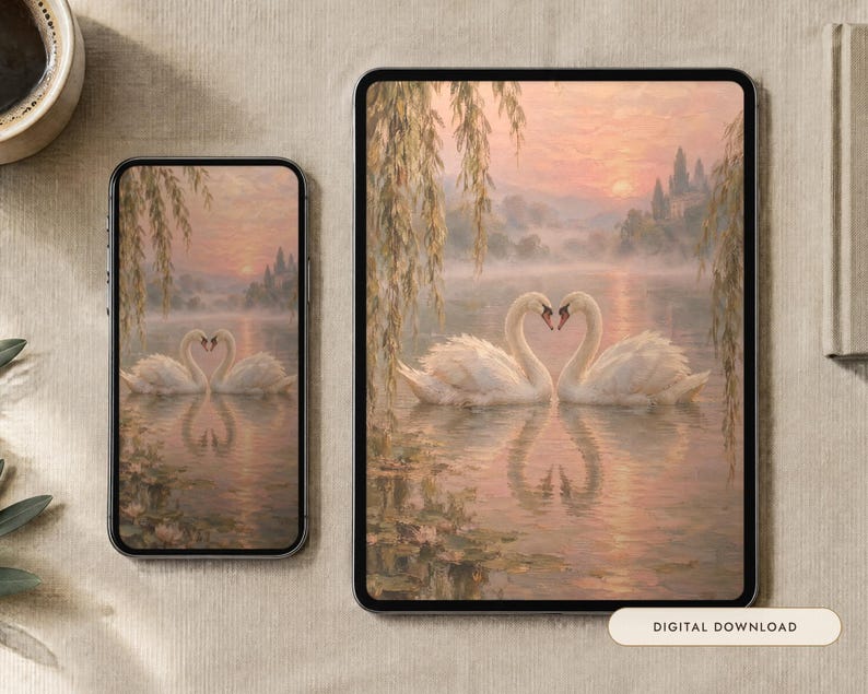 Two Swans Wallpaper | Oil Painting Old Romance Phone, iPad and Desktop Background | Romantic Aesthetic | Digital Download image 1
