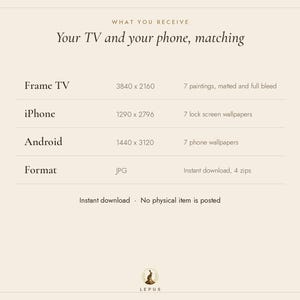 May include: A digital information chart titled WHAT YOU RECEIVE Your TV and your phone, matching. It lists specifications for Frame TV, iPhone, and Android, including pixel dimensions, file formats, and quantities of digital paintings and wallpapers.