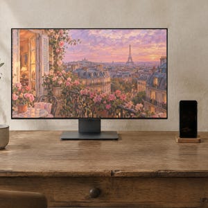 Puede incluir: Un monitor de ordenador muestra una pintura de un balc&oacute;n parisino con vistas al horizonte de la ciudad y la Torre Eiffel al atardecer, con flores rosas, contraventanas abiertas y una mesa puesta para dos en primer plano.