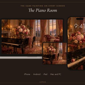 Puede incluir: Una pantalla digital que muestra la pintura The Piano Room en un port&aacute;til, una tableta y un tel&eacute;fono inteligente. La obra presenta un piano de cola negro con un ramo de flores, una chaise longue de terciopelo y grandes ventanales. El texto incluye THE SAME PAINTING ON EVERY SCREEN, The Piano Room, iPhone, Android, iPad, Mac and PC, y LEPUS.
