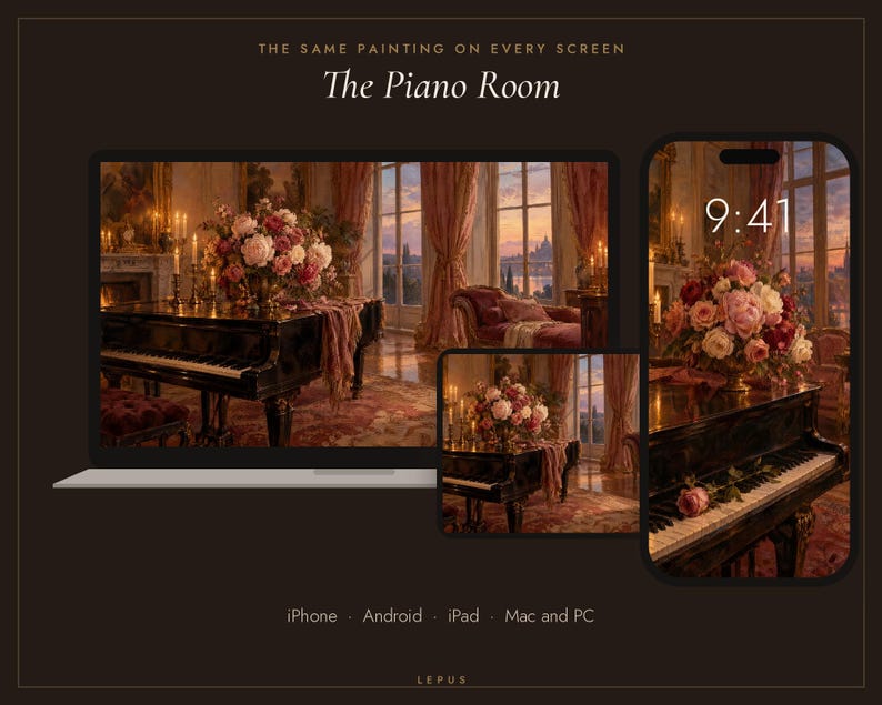 Puede incluir: Una pantalla digital que muestra la pintura The Piano Room en un port&aacute;til, una tableta y un tel&eacute;fono inteligente. La obra presenta un piano de cola negro con un ramo de flores, una chaise longue de terciopelo y grandes ventanales. El texto incluye THE SAME PAINTING ON EVERY SCREEN, The Piano Room, iPhone, Android, iPad, Mac and PC, y LEPUS.