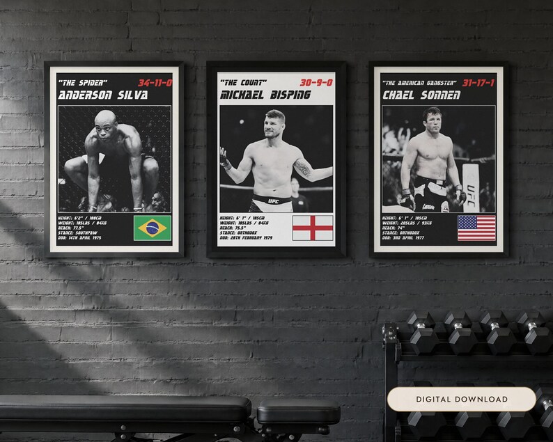 MMA Poster Set of 3 | The Middleweight Masters | Silva, Bisping, Sonnen | Gym Wall Art Bundle | Digital Download image 1