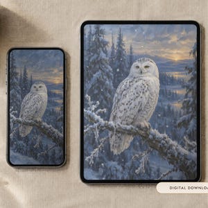 Fond d'écran Chouette des neiges | Peinture à l'huile d'hiver pour téléphone, iPad et ordinateur | Esthétique nordique | Téléchargement numérique image 1