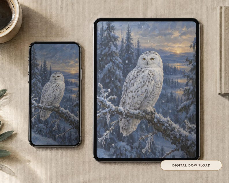 Fond d'écran Chouette des neiges | Peinture à l'huile d'hiver pour téléphone, iPad et ordinateur | Esthétique nordique | Téléchargement numérique image 1