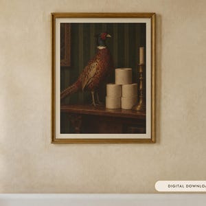 Pheasant and the Loo Roll Print | Funny Bathroom Wall Art | Vintage Animal Oil Painting | One square at a time | Digital Download image 1