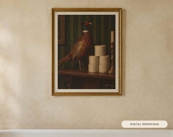 Pheasant and the Loo Roll Print | Funny Bathroom Wall Art | Vintage Animal Oil Painting | One square at a time | Digital Download