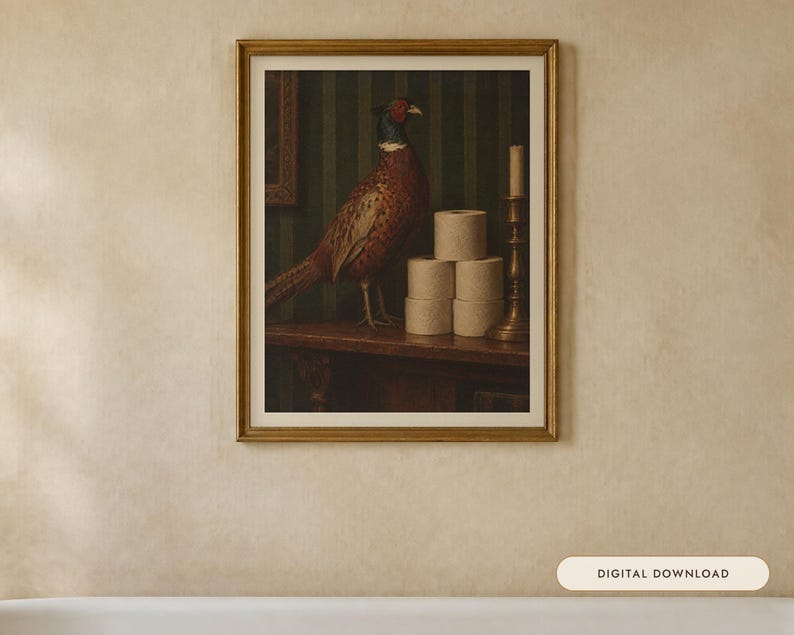 Pheasant and the Loo Roll Print | Funny Bathroom Wall Art | Vintage Animal Oil Painting | One square at a time | Digital Download image 1
