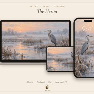 May include: A digital display set featuring a laptop, tablet, and smartphone, each showcasing a wallpaper of a heron standing in a misty, frost-covered wetland at sunrise. The text reads Phone, Ipad, Desktop, The Heron, and Lepus.