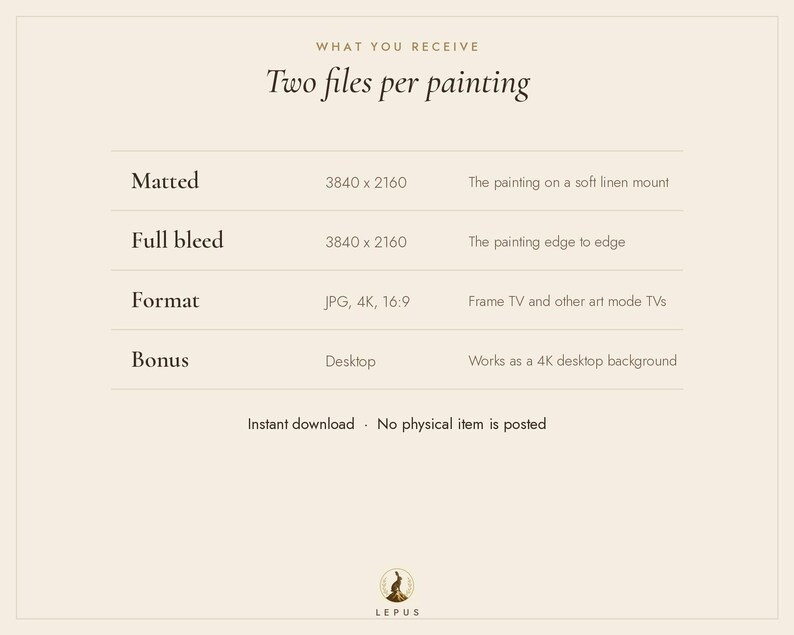 May include: A digital information graphic on a cream background with the text: What you receive, Two files per painting, Matted 3840 x 2160, Full bleed 3840 x 2160, Format JPG, 4K, 16:9, Bonus Desktop, and Lepus logo at the bottom.