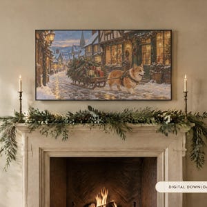 May include: A rectangular wall art print featuring a snowy village scene with a Corgi pulling a small wooden sled loaded with a Christmas tree and wrapped gifts. The artwork is displayed above a fireplace mantel decorated with greenery.