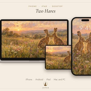 May include: A digital wallpaper set titled Two Hares displayed on a laptop, tablet, and smartphone. The artwork features two brown hares in a wildflower meadow at sunset. The screens show the time 9:41 on the phone and the text Phone, Ipad, Desktop.