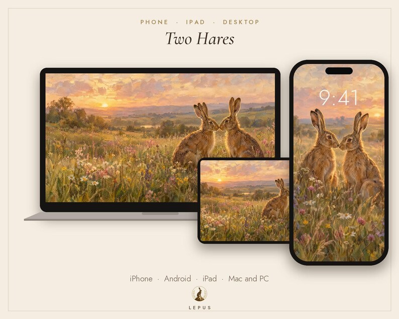 May include: A digital wallpaper set titled Two Hares displayed on a laptop, tablet, and smartphone. The artwork features two brown hares in a wildflower meadow at sunset. The screens show the time 9:41 on the phone and the text Phone, Ipad, Desktop.