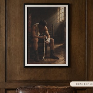 Boxing Oil Painting Print | Vintage Boxer Gym Wall Art | Moody Man Cave Decor | Printable Digital Download