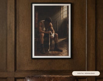 Boxing Oil Painting Print | Vintage Boxer Gym Wall Art | Moody Man Cave Decor | Printable Digital Download