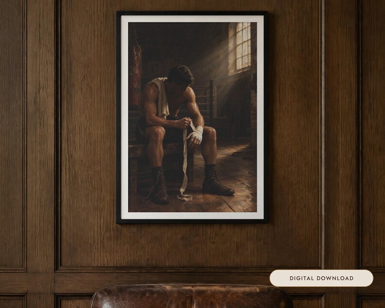 Puede incluir: Una l&aacute;mina de arte enmarcada que representa a un boxeador musculoso sentado en un banco de madera en un gimnasio con poca luz, envolvi&eacute;ndose las manos con vendas blancas. La escena incluye un saco de boxeo y una ventana con rayos de luz.