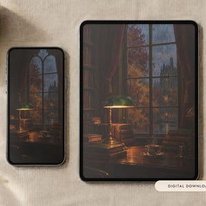 May include: A smartphone and a tablet displaying a digital illustration of a library interior with a green banker lamp on a desk, stacks of books, and a large window overlooking a rainy autumn landscape with the text Digital Download.