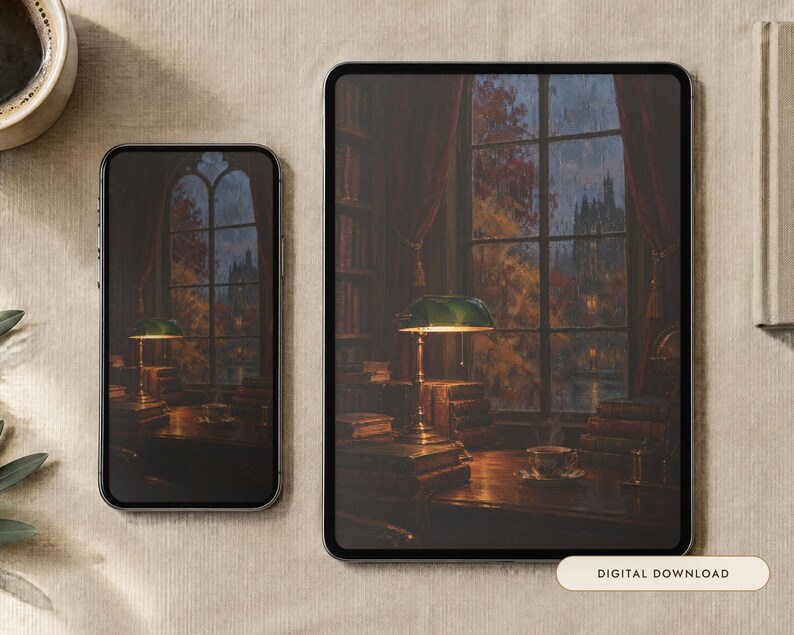 May include: A smartphone and a tablet displaying a digital illustration of a library interior with a green banker lamp on a desk, stacks of books, and a large window overlooking a rainy autumn landscape with the text Digital Download.