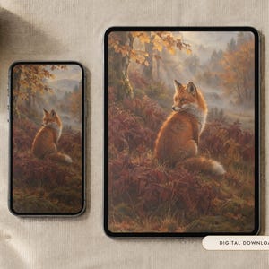May include: A smartphone and a tablet displaying a digital illustration of a red fox sitting in a forest with autumn foliage. The fox is positioned in the center of the screen, surrounded by brown ferns and trees. The text DIGITAL DOWNLOAD is visible.