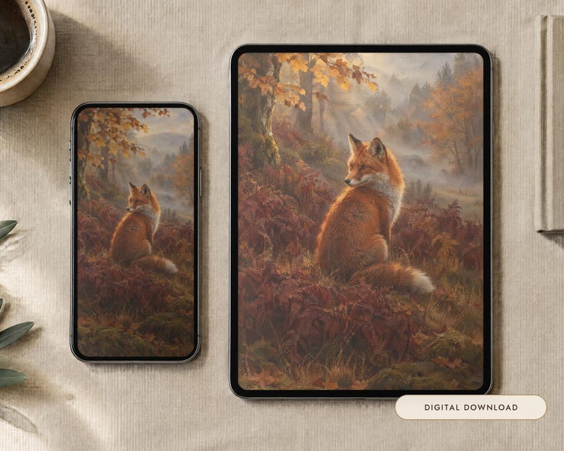 May include: A smartphone and a tablet displaying a digital illustration of a red fox sitting in a forest with autumn foliage. The fox is positioned in the center of the screen, surrounded by brown ferns and trees. The text DIGITAL DOWNLOAD is visible.