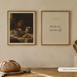 The Teapot Kitchen Print Set of 2 | Vintage Still Life Oil Painting and Kitchen Rule Quote | Cottage Kitchen Wall Art | Digital Download image 1