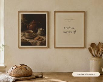 Set di 2 stampe da cucina "Teiera" / Natura morta vintage dipinta ad olio e citazione sulle regole della cucina / Decorazione murale per cucina in stile rustico / Download digitale